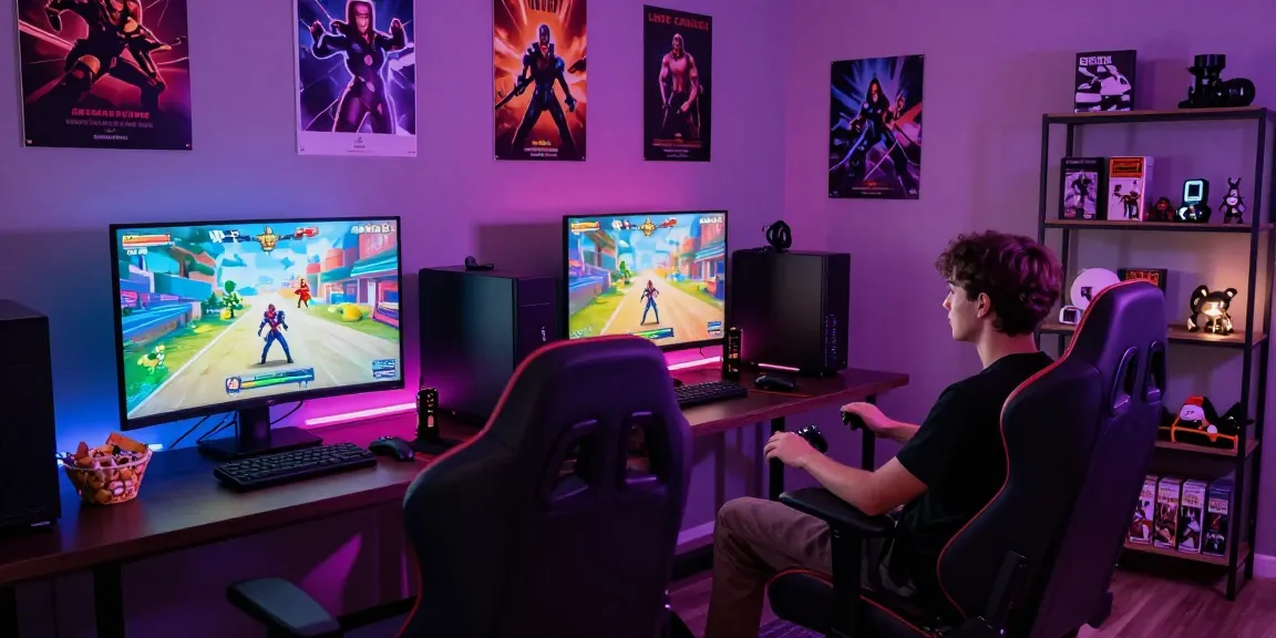 Engaging NSFW Games lounge with neon lights, game posters, and a player focused on gameplay.