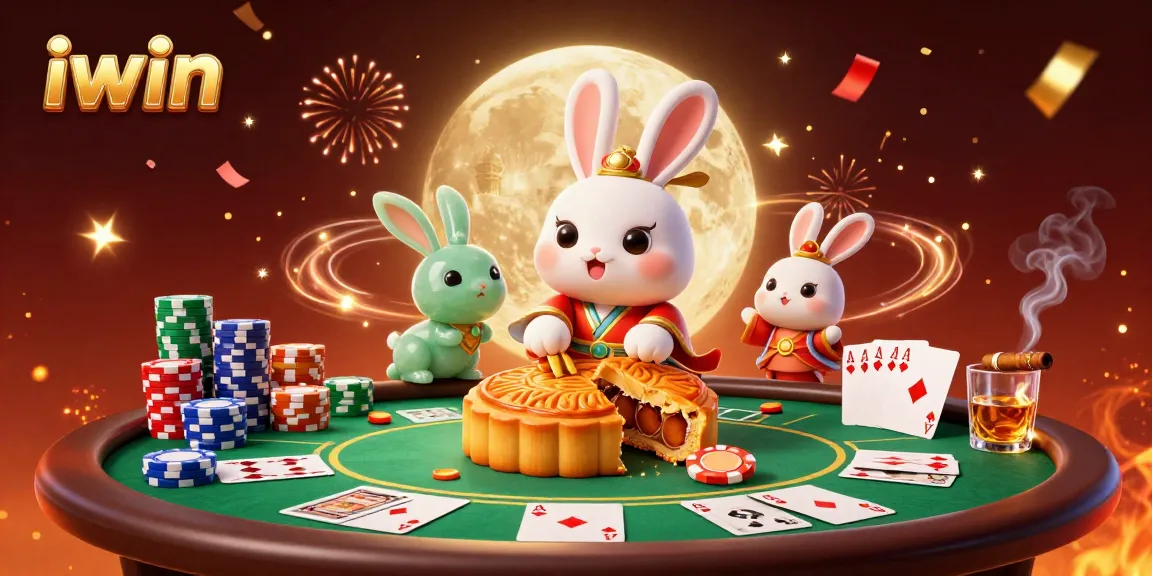 Win big at iwin casino with a vibrant scene of poker chips and moon rabbits.