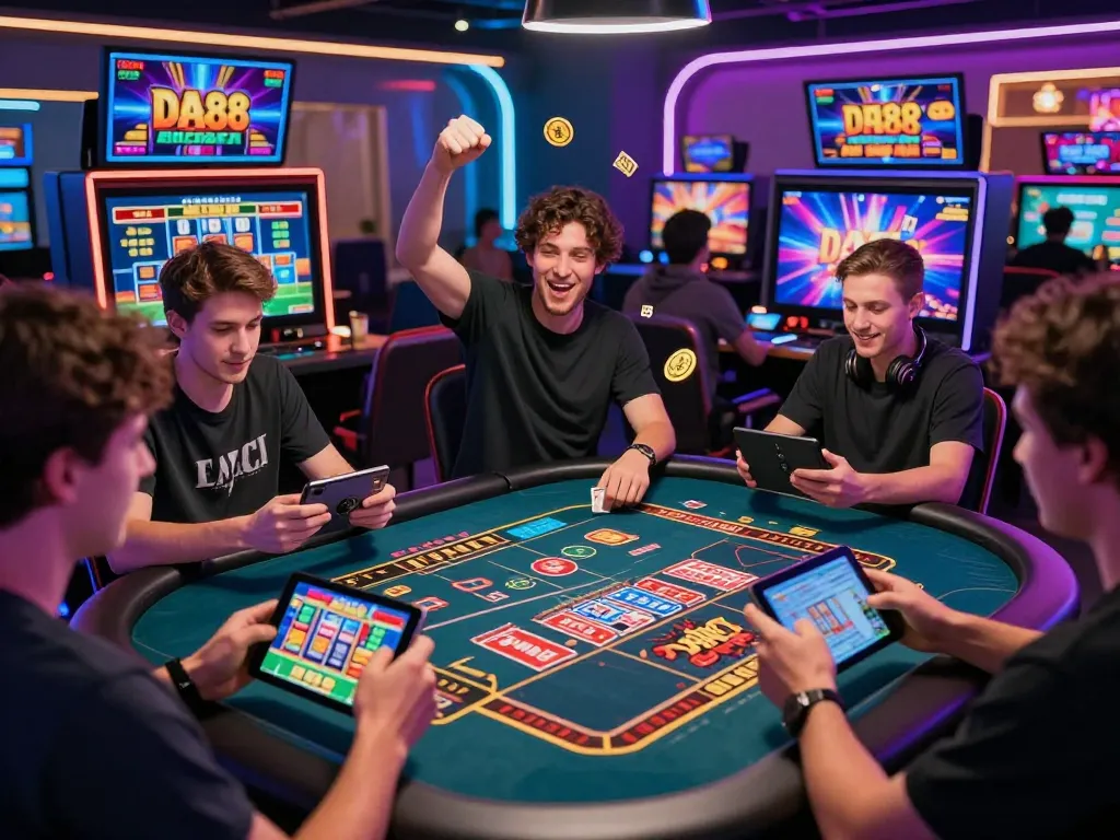 Engaged players enjoying the vibrant online gaming experience at nhà cái uy tín da88 with colorful game interfaces and lively atmosphere.