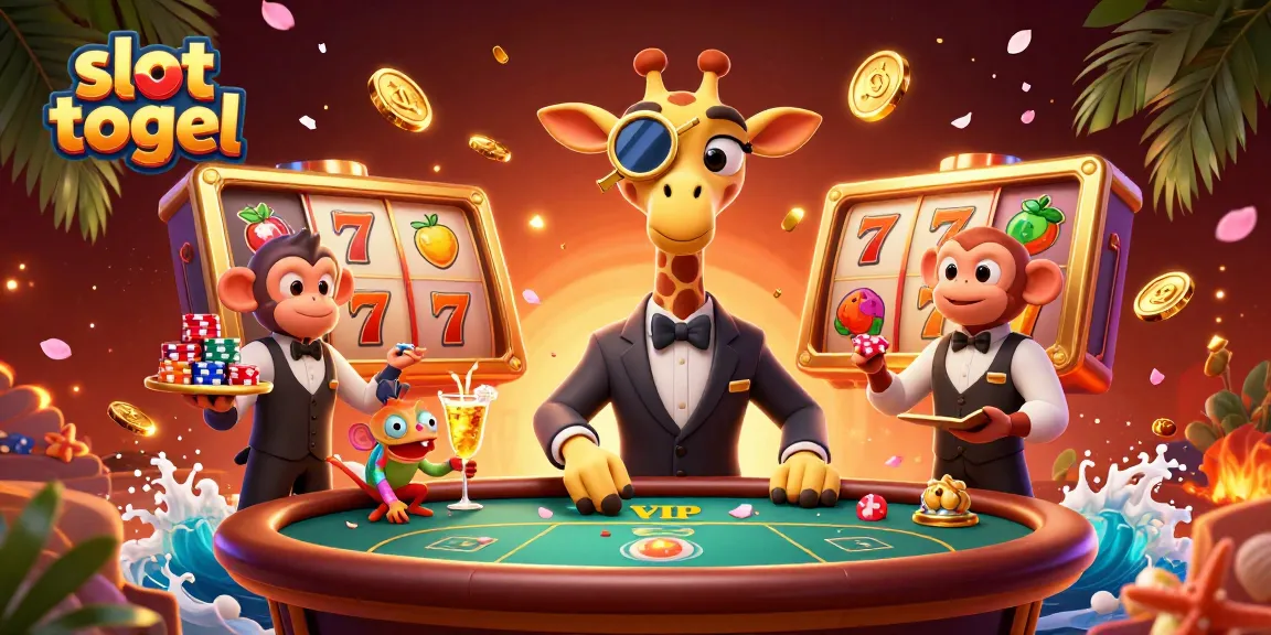 Experience vibrant slot togel action with a high-roller giraffe, monkey valet, and chameleon bartender in a dazzling casino.