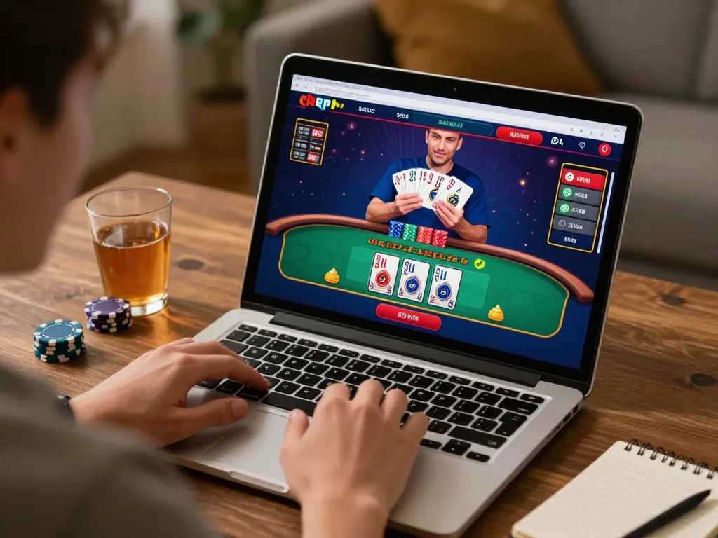 Player engaging with LLWIN online casino on laptop, showcasing exciting live dealer gaming experience.