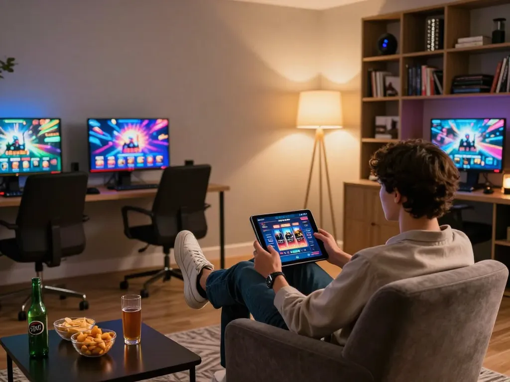 Person engaging with 79sodoe mobile app tablet interface in a cozy home gaming setup