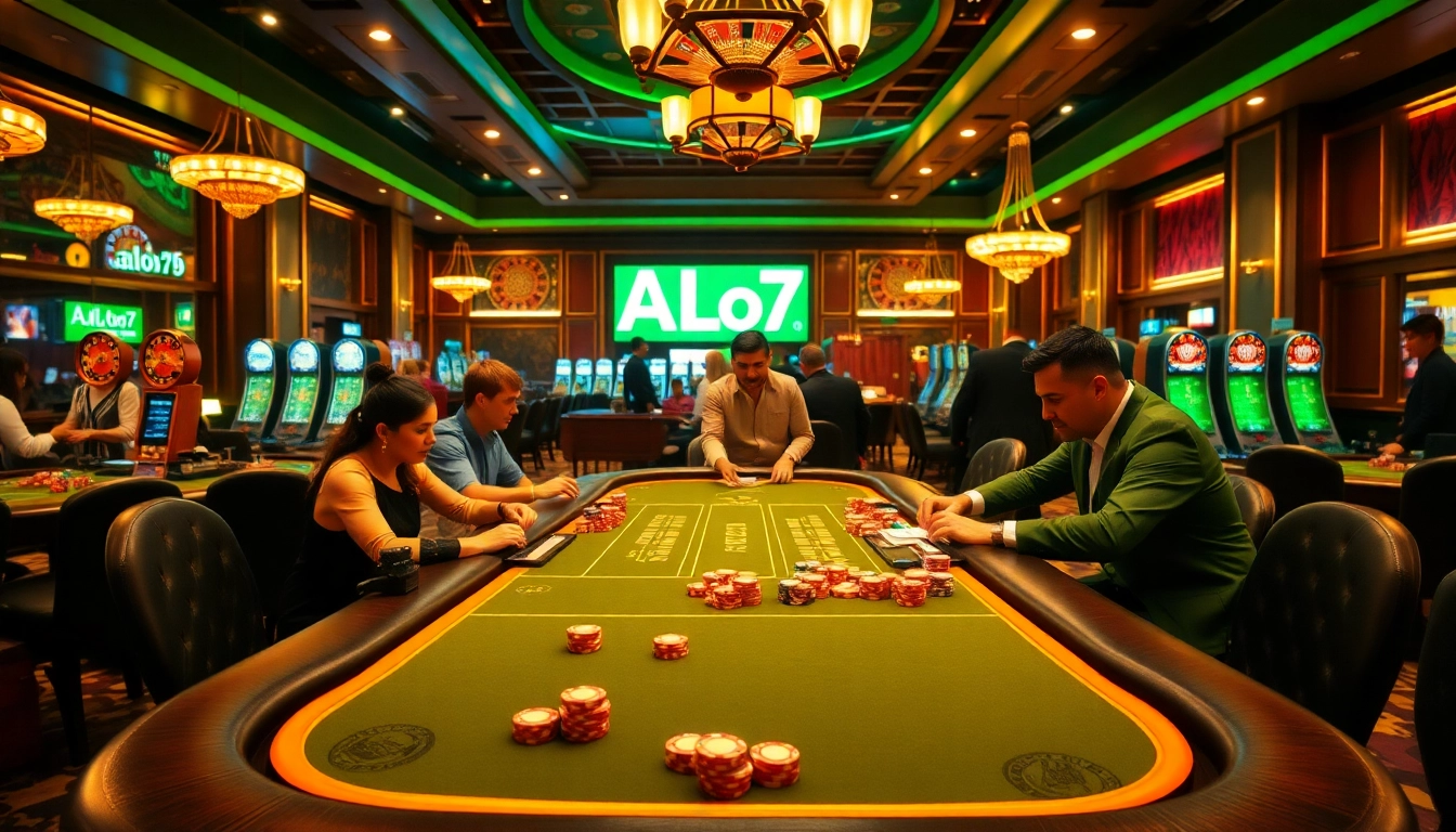 ALo789 poker table scene showcasing colorful chips and engrossed players in a vibrant casino atmosphere.