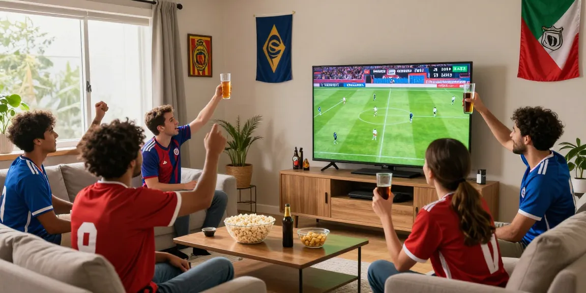 Cakhia TV soccer fans enjoying a live match together in a cozy living room.