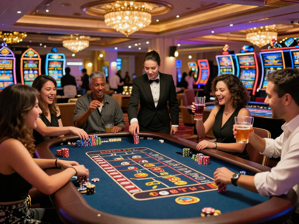Experience the excitement of KOMBET168 at a vibrant casino with diverse players celebrating wins.