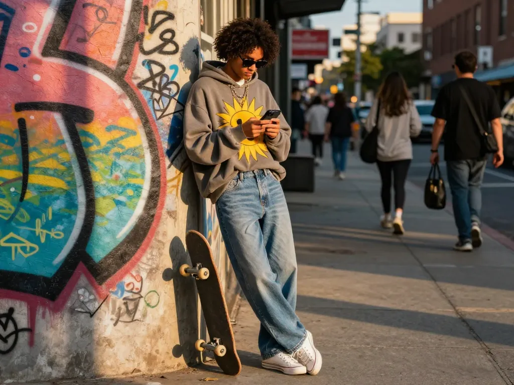 Sunwin fashion hoodie showcased in vibrant urban setting with stylish individual.