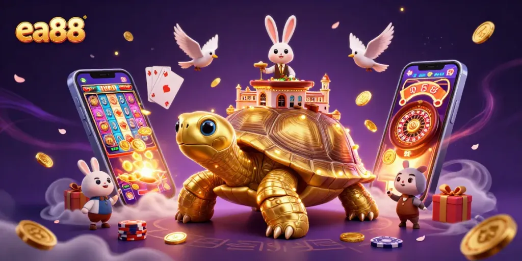 The EA88 casino scene features a golden tortoise, rabbit dealer, and flying coins.