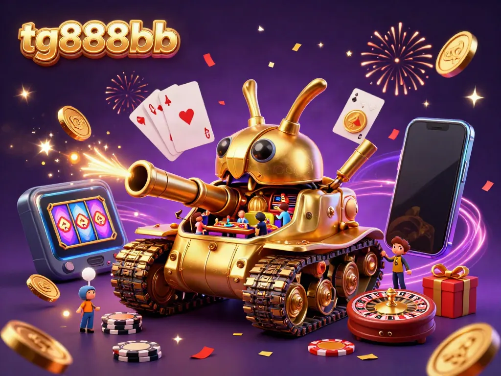 Join the excitement at tg888bb with a whimsical 3D casino scene featuring a golden beetle tank and vibrant games.