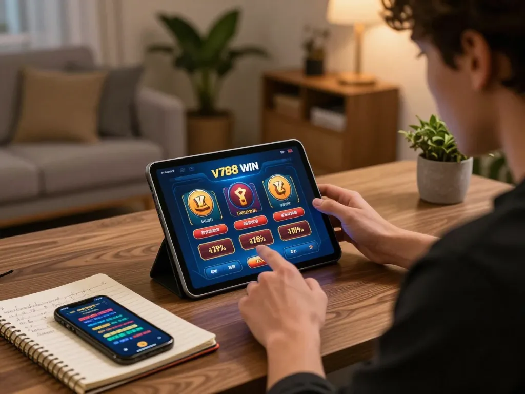 Engaging with v788 WIN app on tablet in a stylish home gaming setup, betting strategies visible