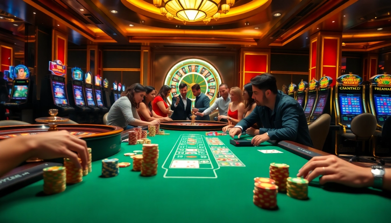 Players enjoying a thrilling experience at 58WIN's vibrant casino with poker chips and cards.