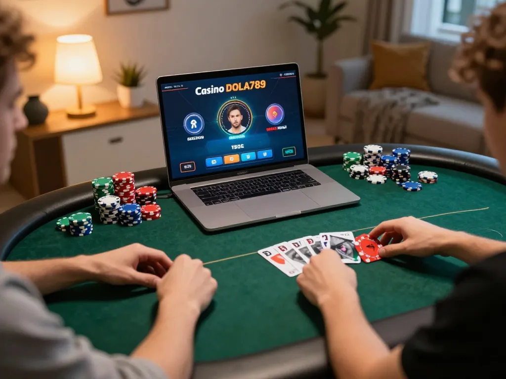Engaging online poker gameplay scene at home featuring Casino DOLA789 interface for strategic fun.