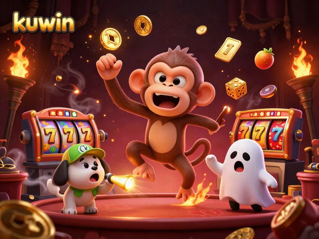 Kuwin hosts an exciting array of slot games where a cartoon monkey juggles golden coins in a haunted casino.