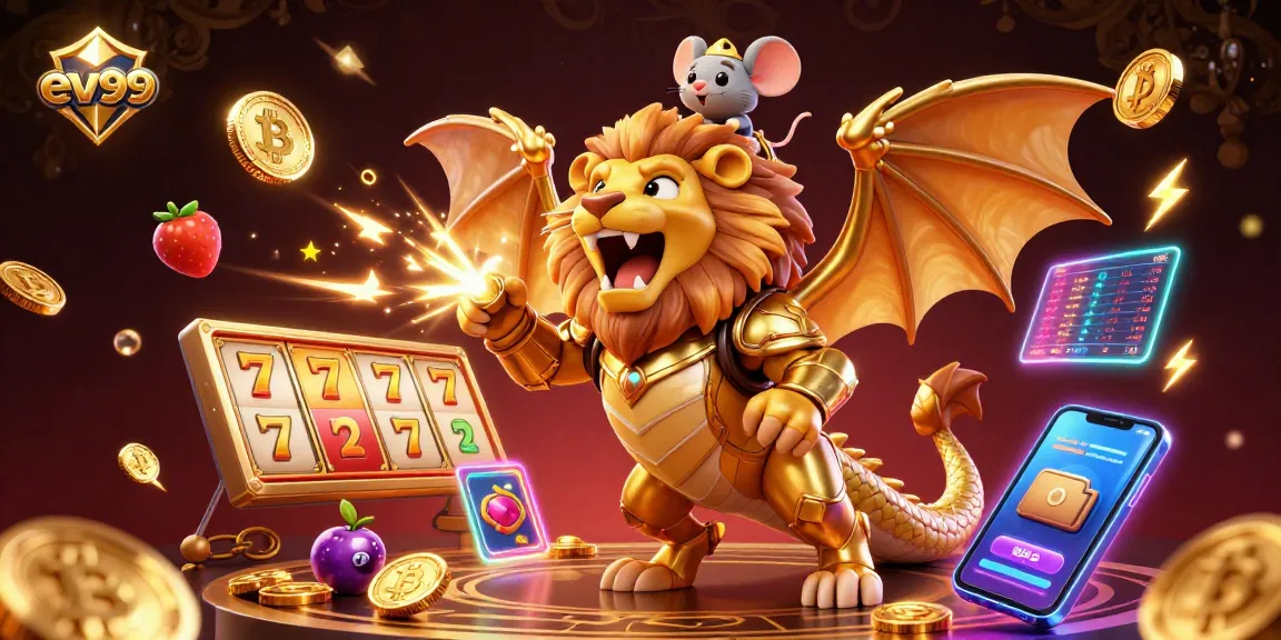 Spin the reels with ev99's vibrant 3D cartoon illustration showcasing lucky symbols and crypto coins.