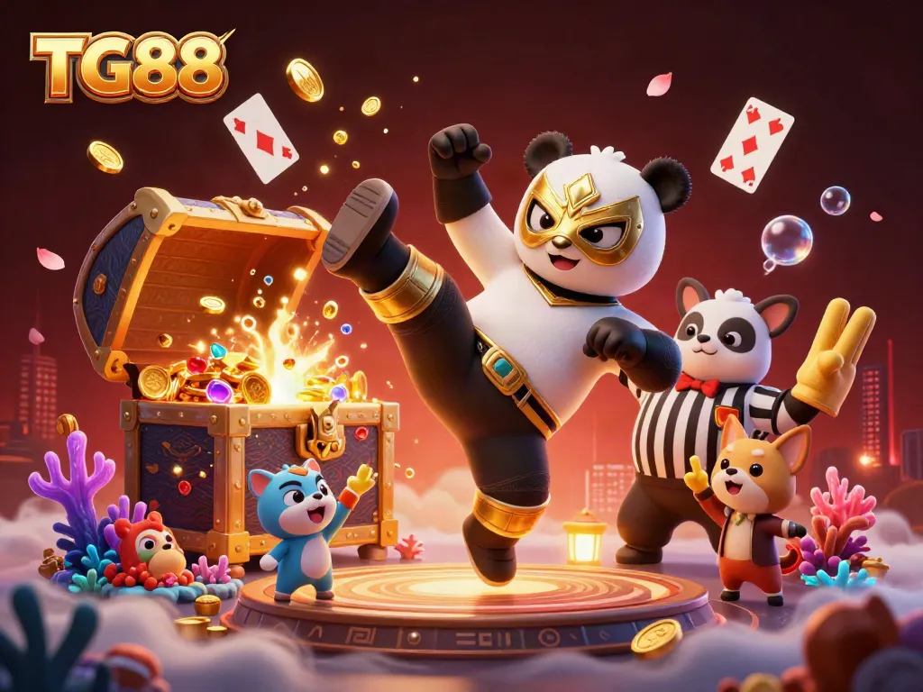 Engaging scene of TG88's online casino, featuring a panda in a mask delivering an exciting kick amid cheering spectators.