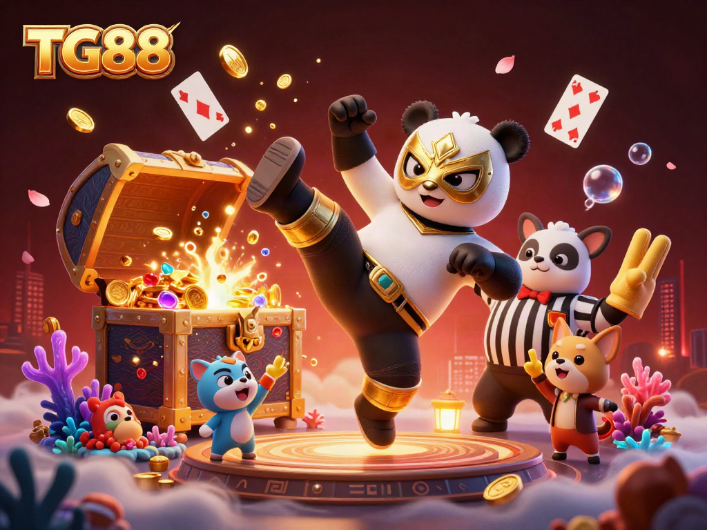 Engaging scene of TG88's online casino, featuring a panda in a mask delivering an exciting kick amid cheering spectators.