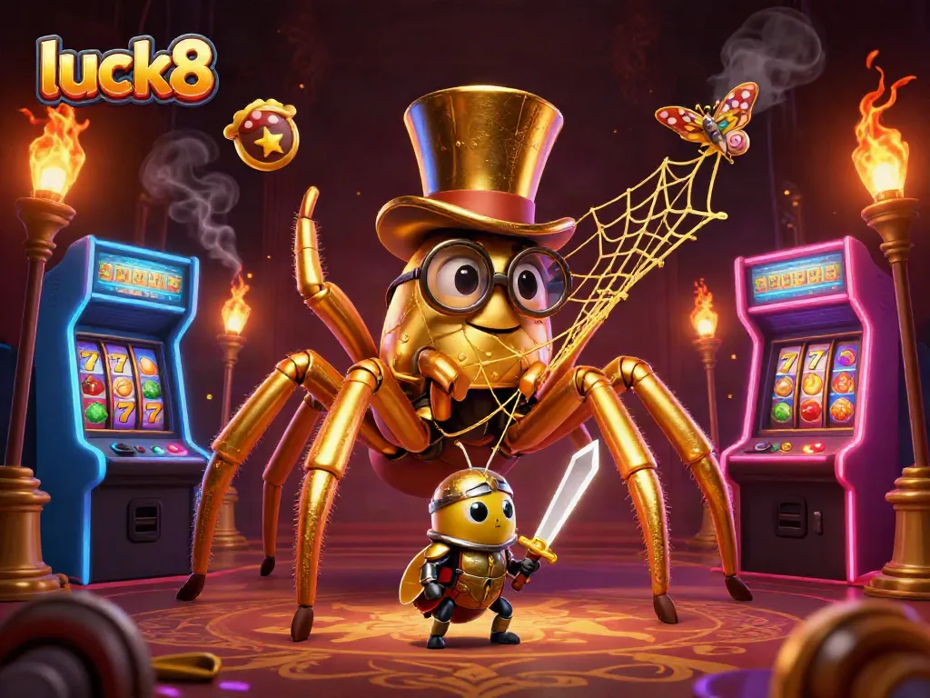 Engage with luck8 to experience an exciting golden tarantula webbed in casino fun amidst vibrant slot game elements.