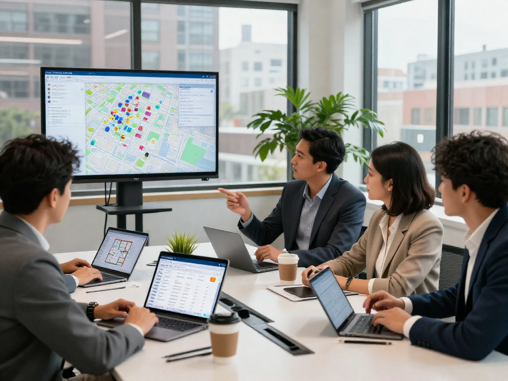 Real estate team collaborating using IDXSTAR tools in a modern office