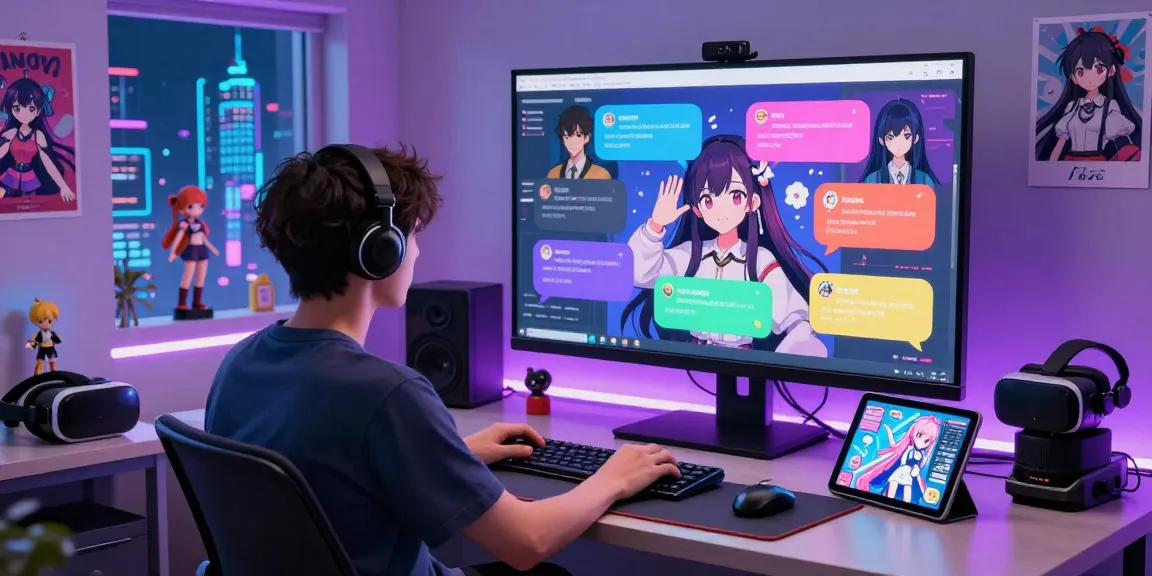 Ecchi chat AI scene showing a user engaged with anime characters in a vibrant digital chat room.