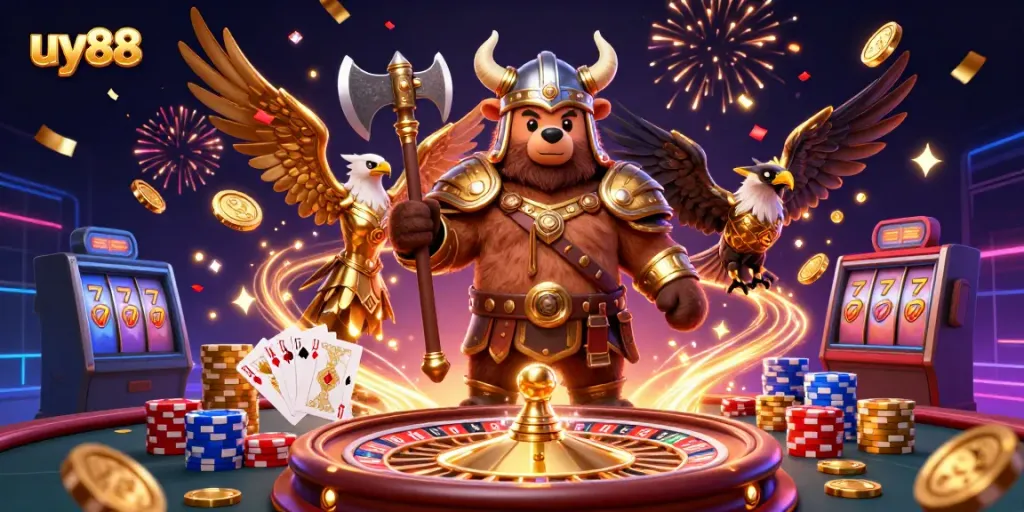 Experience thrilling gaming action with uy88 as Viking and Valkyrie characters share the casino spotlight.