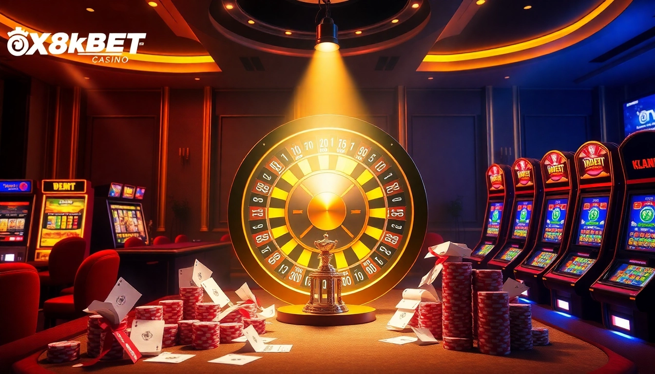Experience the thrill of Xổ số 8KBET with an elegant casino atmosphere and vibrant lottery elements.
