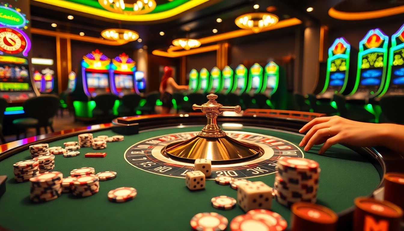 SODO Casino enthusiasts enjoying a glamorous roulette table surrounded by vibrant slot machines.