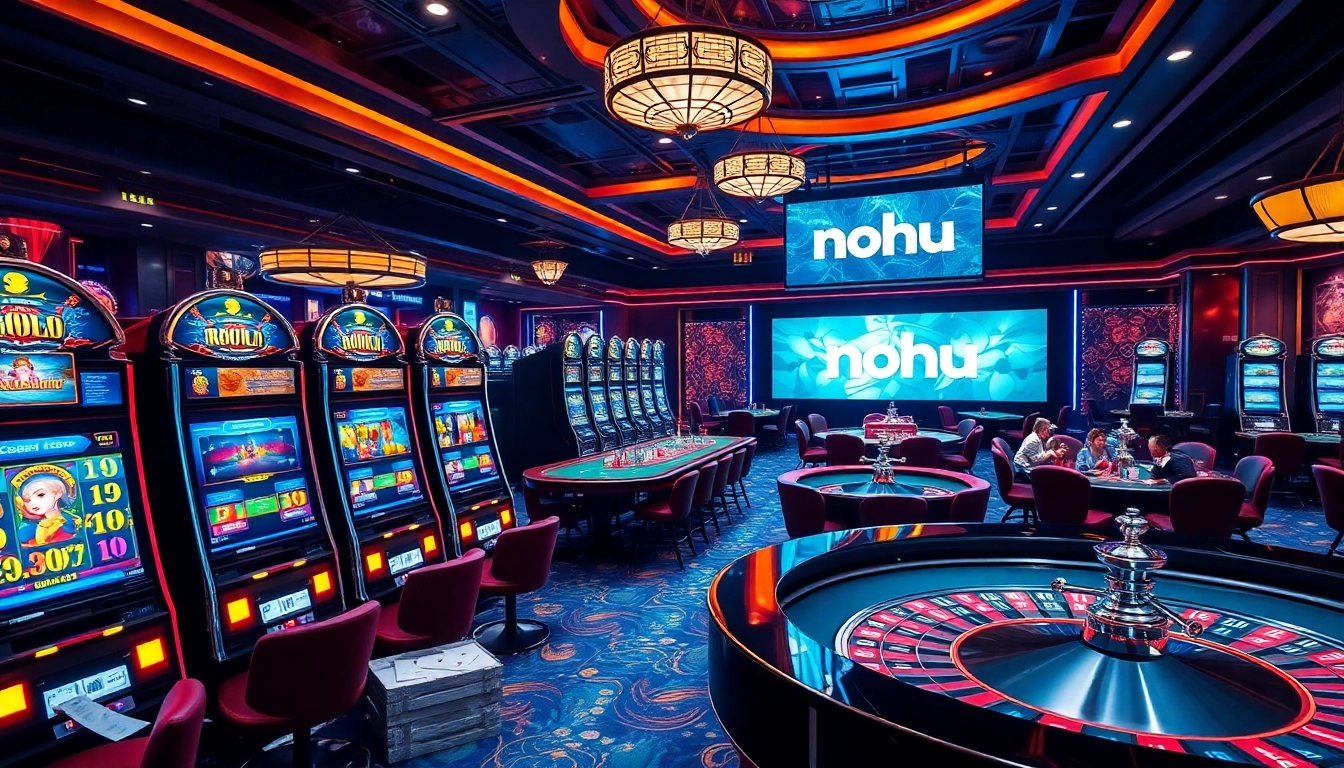 Engaging players at a nohu-themed casino featuring vibrant gaming tables and slot machines.