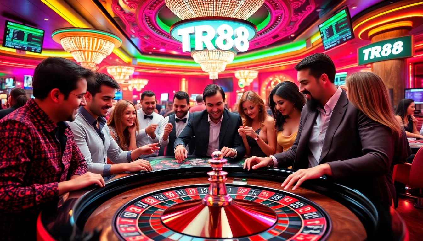 Players strategizing at a roulette table in a vibrant casino setting, featuring TR88 branding and neon lights.