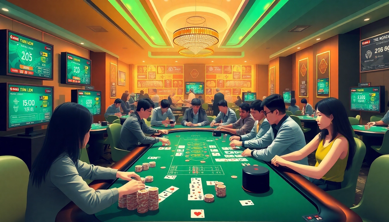 An engaging scene at topgamebaidoithuong.mx showcasing players enjoying online card games in a vibrant digital gaming environment.