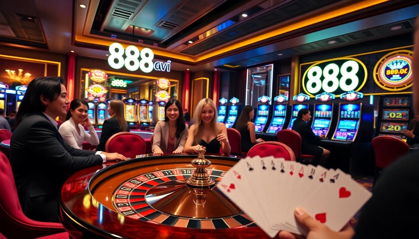 Players enjoying a thrilling experience at 888vi casino with vibrant slot machines and a luxurious roulette table.