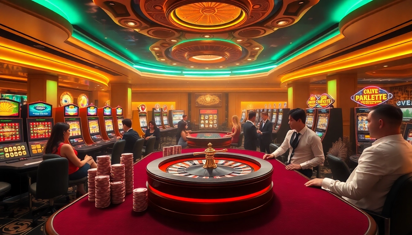 Engaging players enjoy an exciting casino experience on loto188.gb.net, with vibrant slot machines and poker tables.