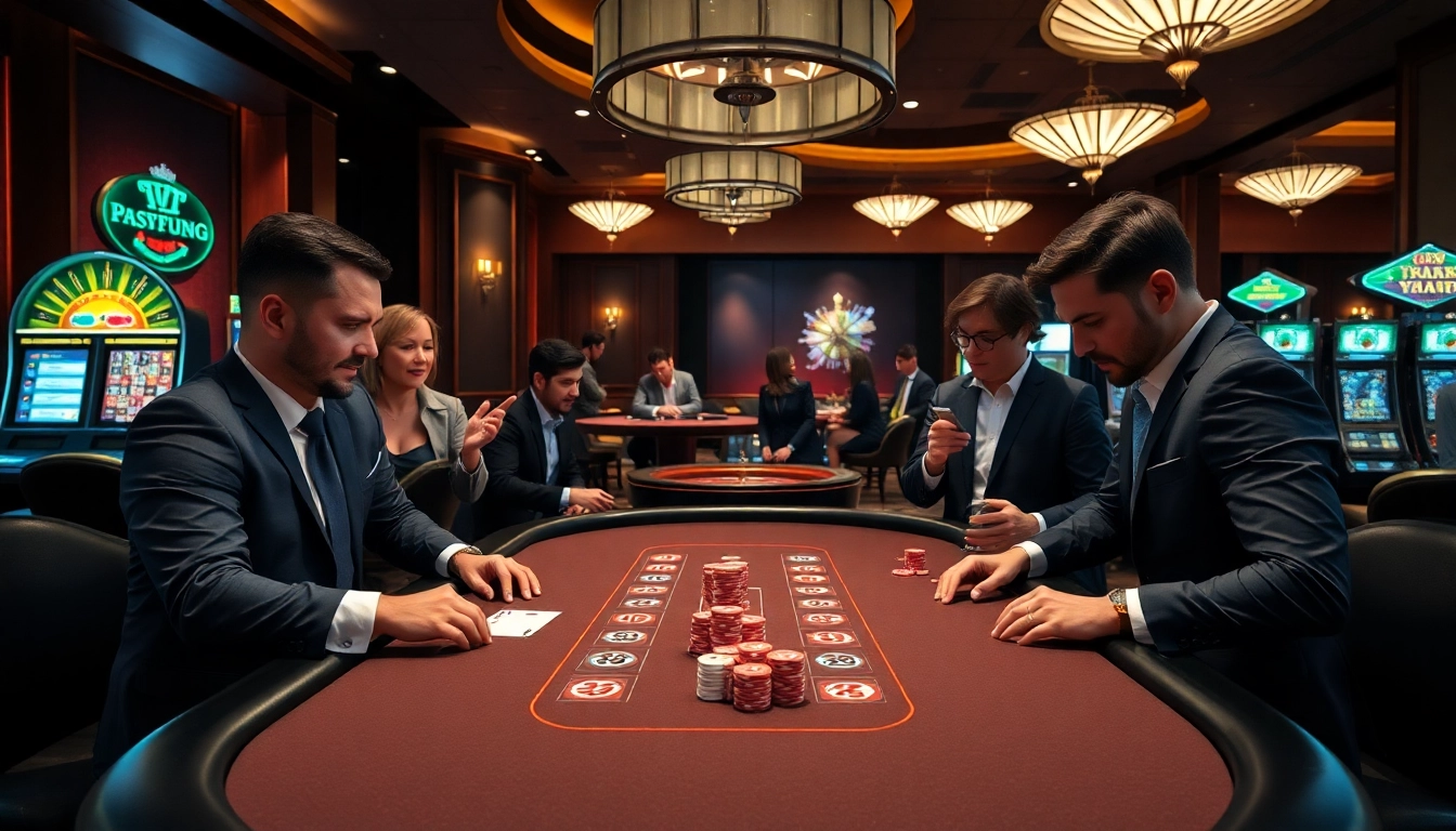 Players enjoying a thrilling game at 888vnd casino table with vibrant chips and cards.