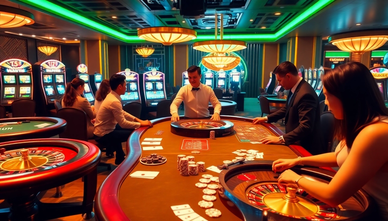 Excited players enjoy TT88 casino games at poker tables and roulette wheels in a luxurious setting.