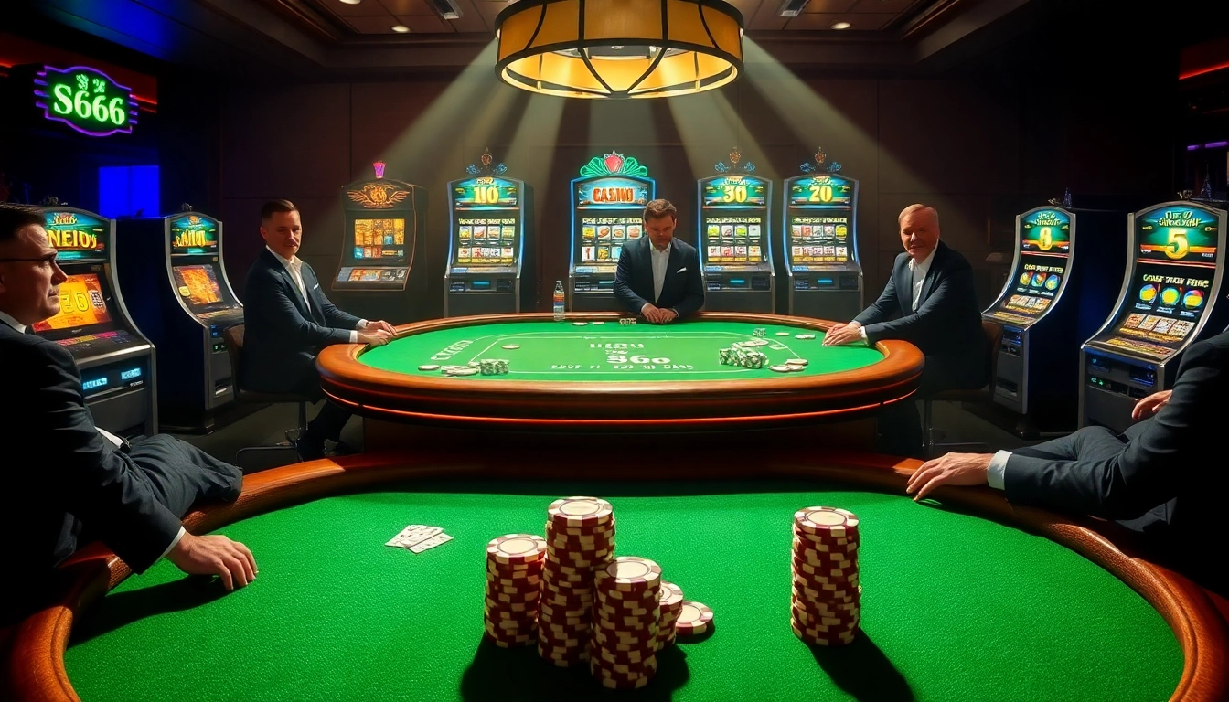 S666 poker players enjoying a high-stakes game at a glamorous casino table with vibrant chip stacks.