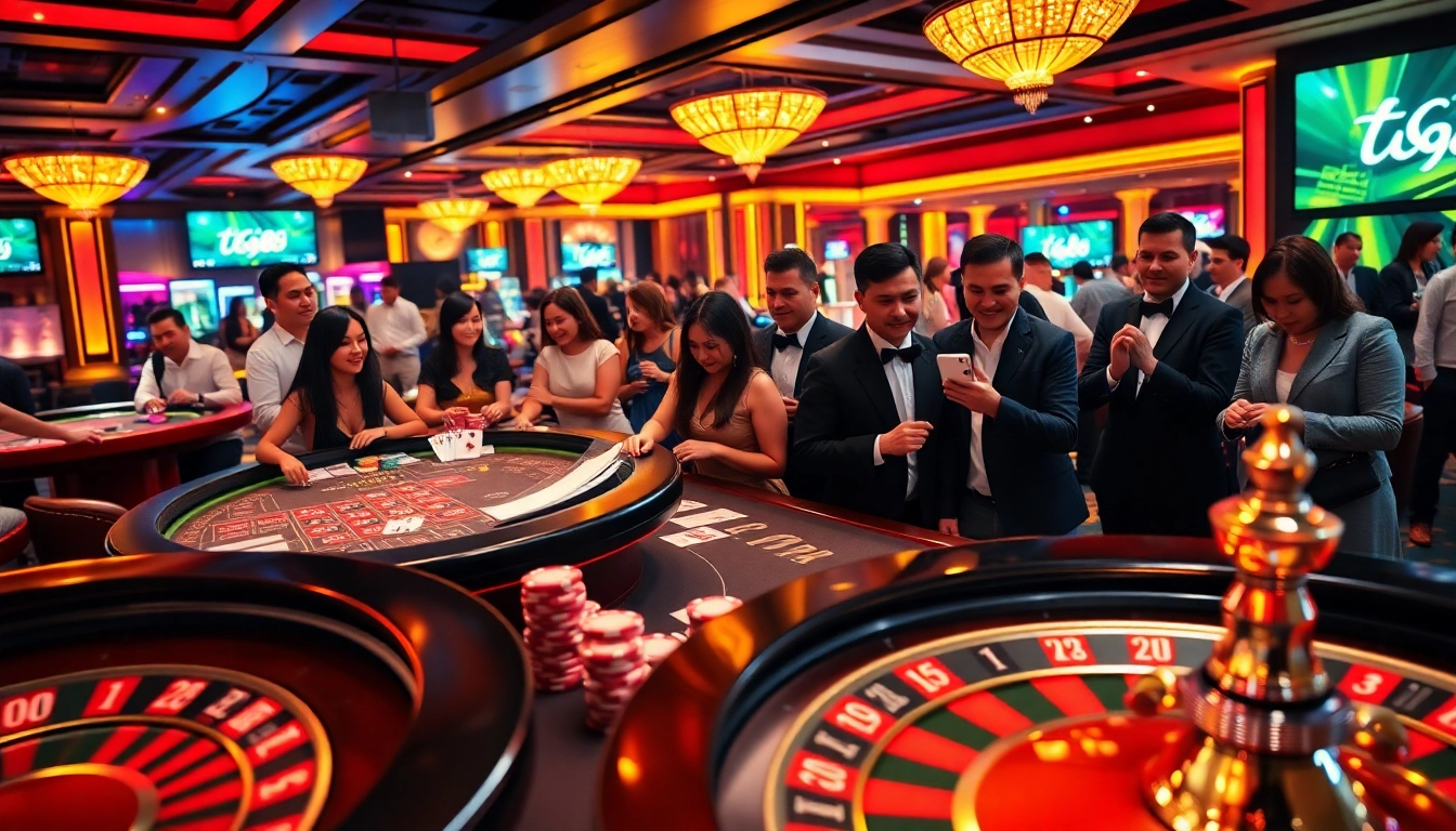 Experience high-stakes gambling at TG88 casino with vibrant poker chips and an active roulette wheel.