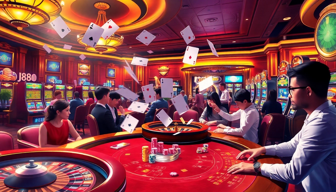 Engaged players experiencing the excitement of j88 casino gaming at luxury tables.