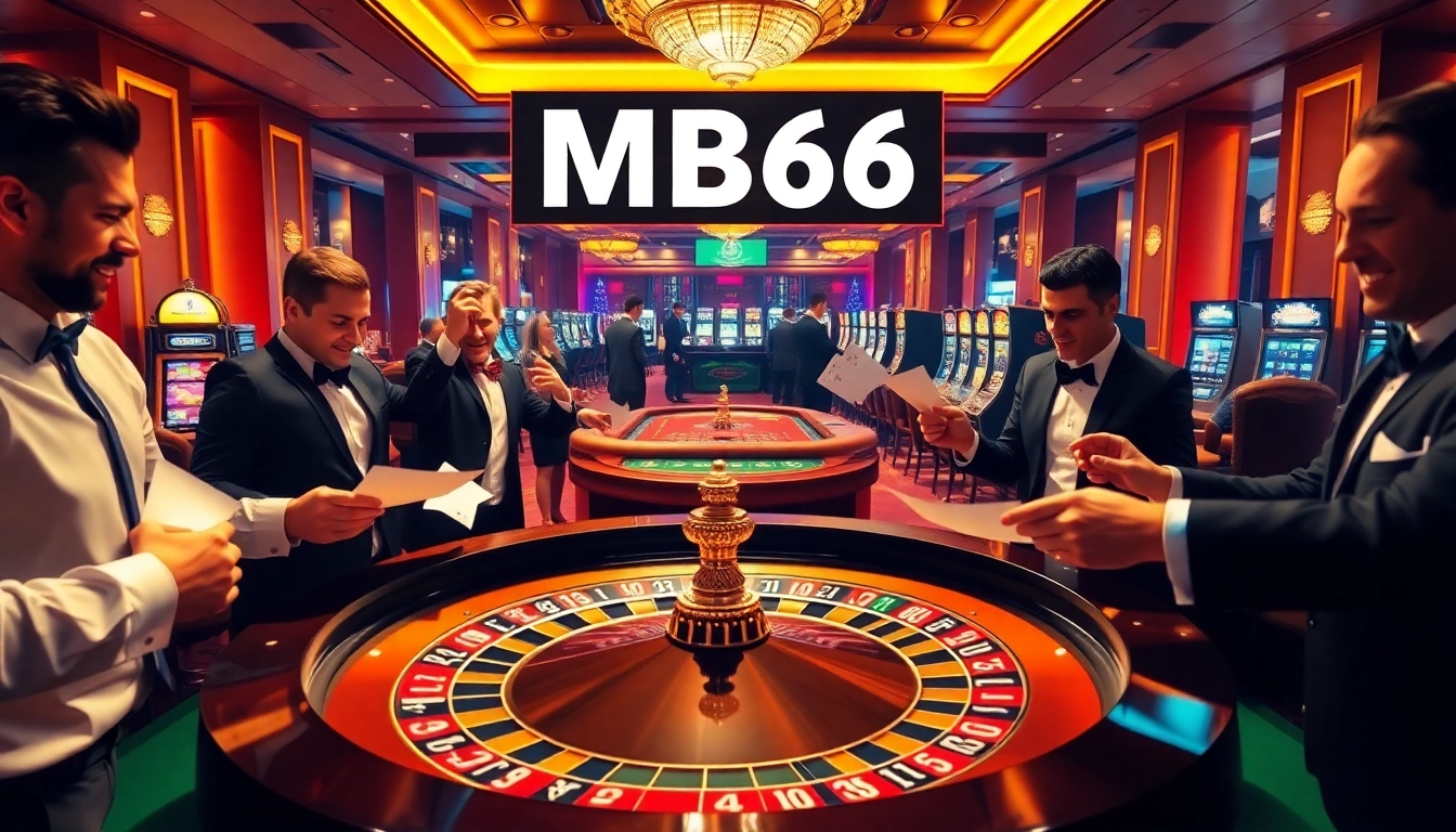 Excited players engage at a luxurious casino roulette table featuring MB66 branding and warm lighting.