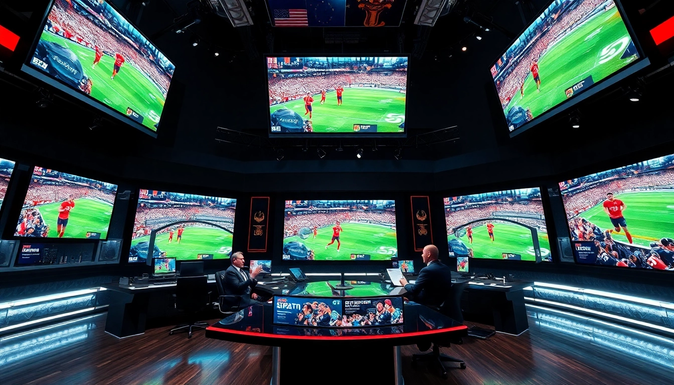 Sports Broadcasting studio with lively commentators discussing live sports events.