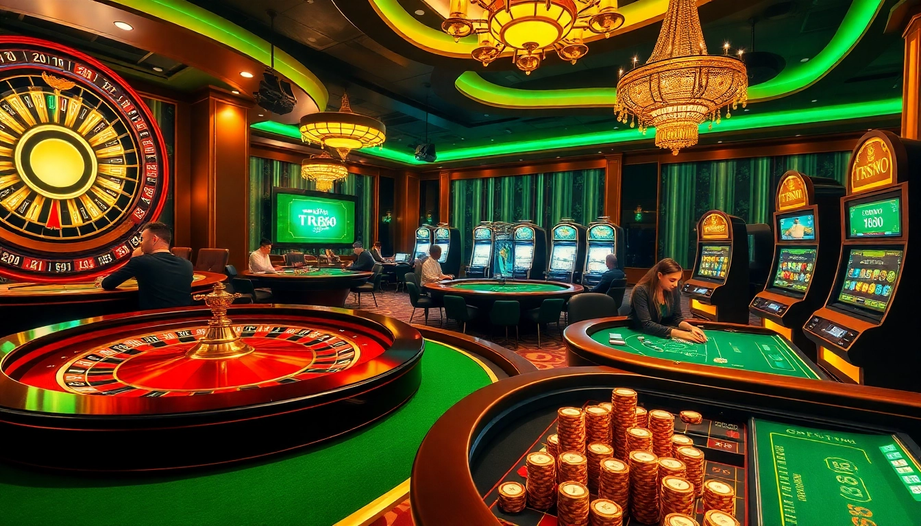 Enjoying a thrilling game at casino TR88 with vibrant slot machines and engaging poker tables.