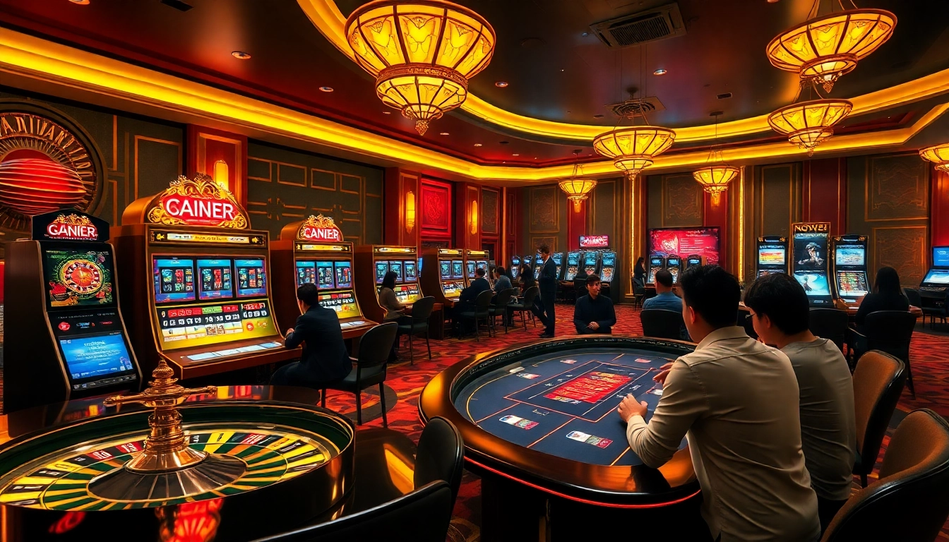 Vibrant scene at nhà cái max88 showcasing exciting gambling activities with roulette, slots, and happy players.