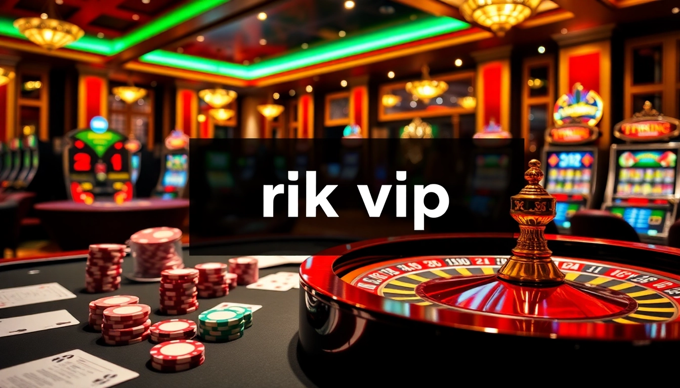 Engage in thrilling gameplay at rik vip's vibrant casino tables, complete with poker chips and cards.