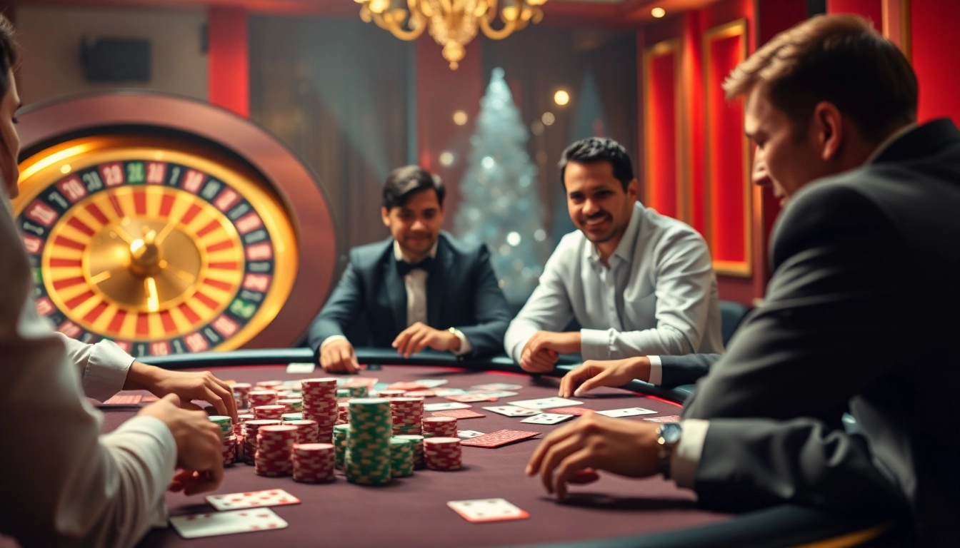 Players enjoy a thrilling game at Dom88.us.com casino, showcasing a luxurious poker table and roulette wheel.