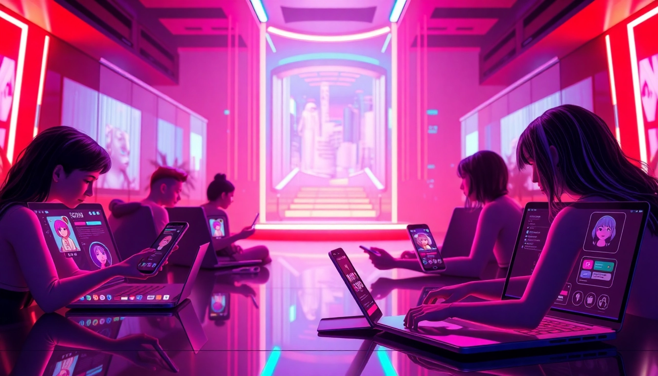 Engaging scene depicting users interacting with innovative ai nsfw platforms, showcasing unique features, vibrant colors, and modern tech.